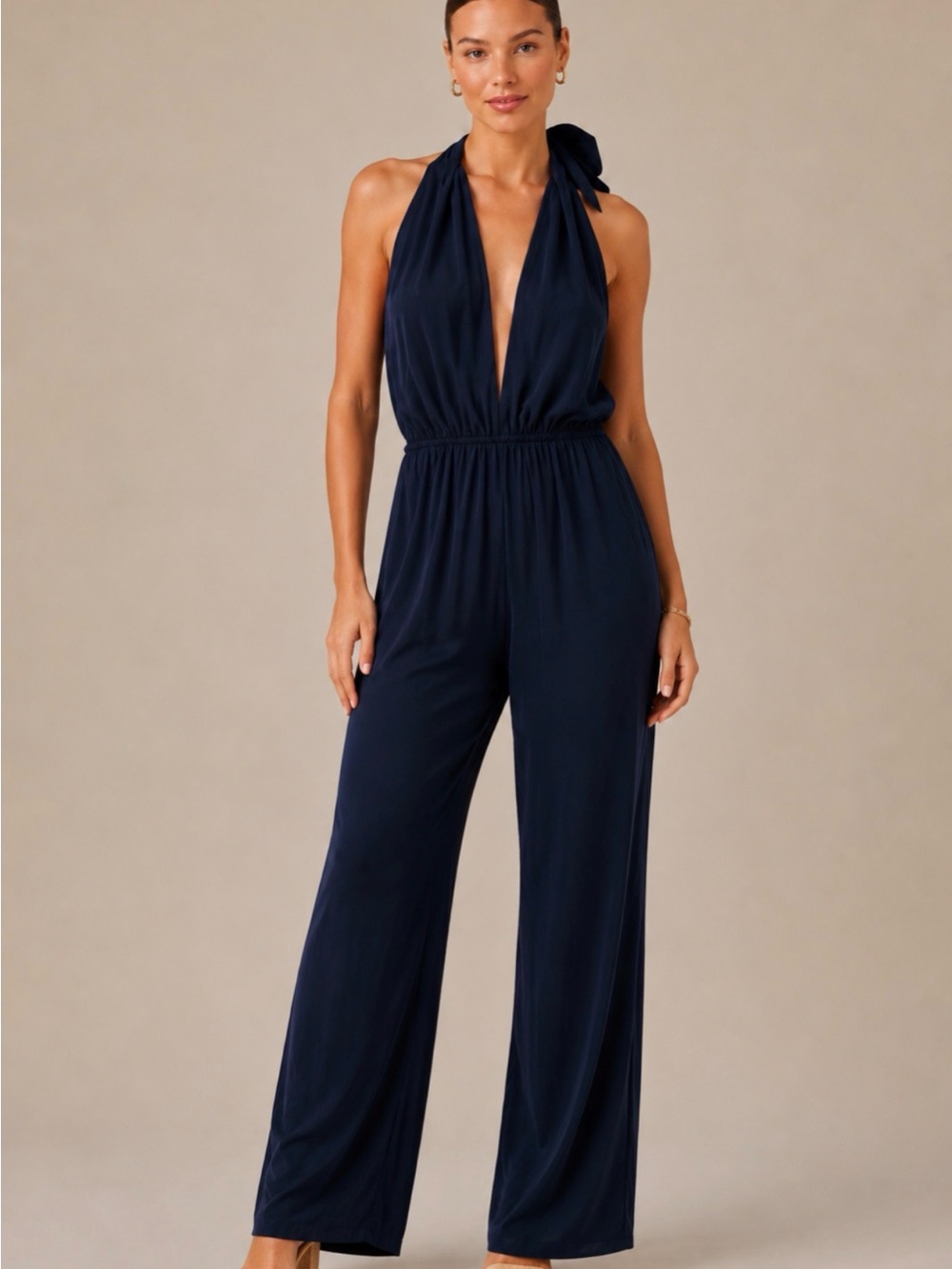 Wayf Navy Halter Tie-Neck Wide Leg Jumpsuit